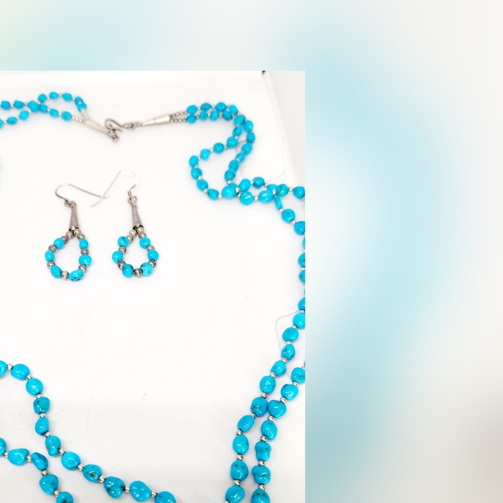 Sleeping Beauty Turquoise 925 Sterling Silver Nugget Bead Necklace & Earring Set - Picture 3 of 13